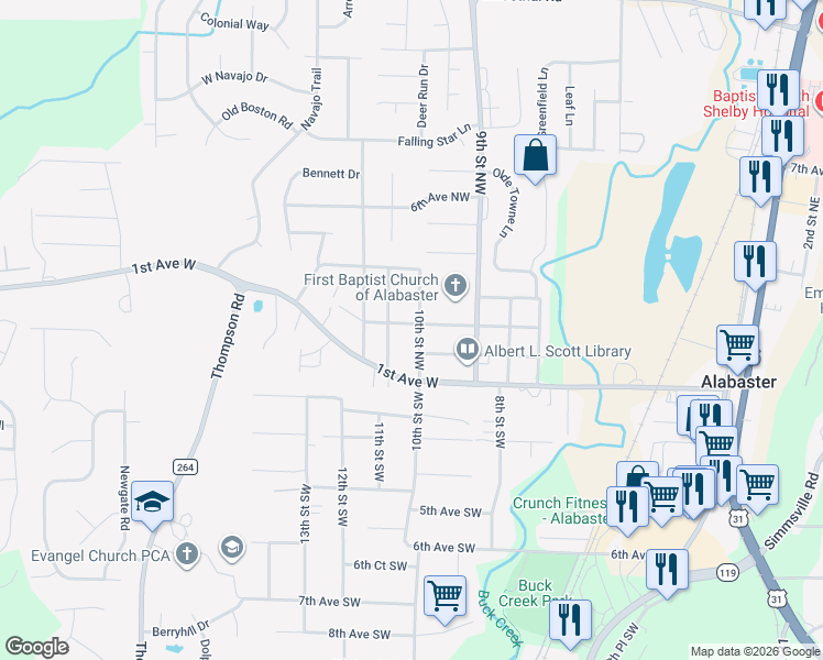 map of restaurants, bars, coffee shops, grocery stores, and more near 1005 3rd Avenue Northwest in Alabaster