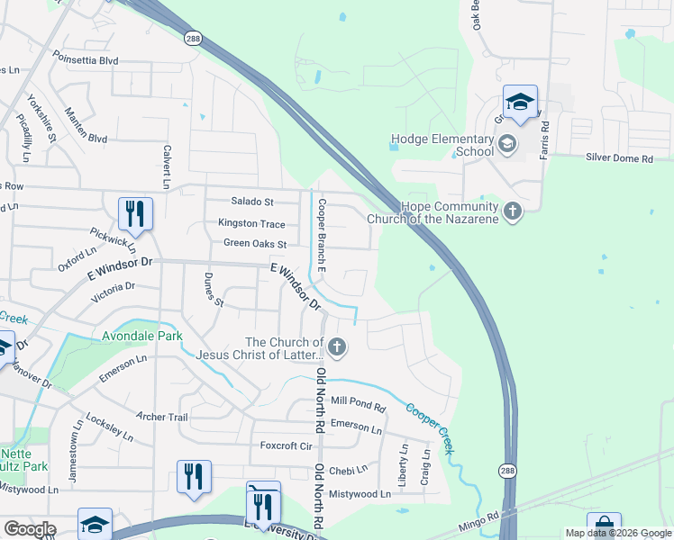 map of restaurants, bars, coffee shops, grocery stores, and more near 2505 Hillview Court in Denton