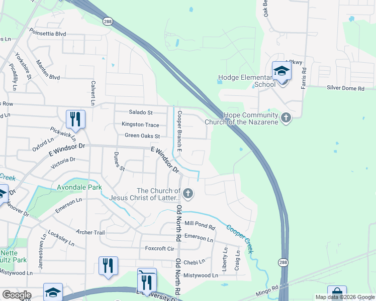 map of restaurants, bars, coffee shops, grocery stores, and more near 2505 Hillview Court in Denton