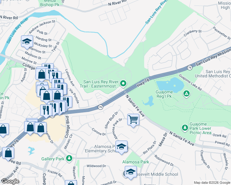 map of restaurants, bars, coffee shops, grocery stores, and more near 5094 Via Manos in Oceanside