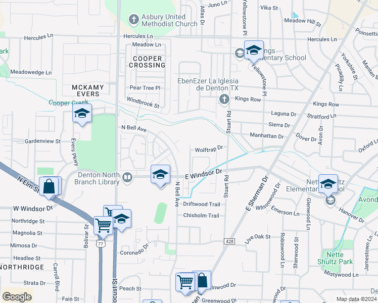 map of restaurants, bars, coffee shops, grocery stores, and more near 3061 Olympia Drive in Denton