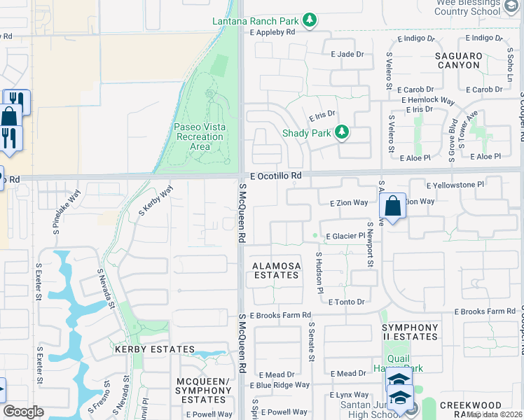 map of restaurants, bars, coffee shops, grocery stores, and more near 1164 East Grand Canyon Drive in Chandler