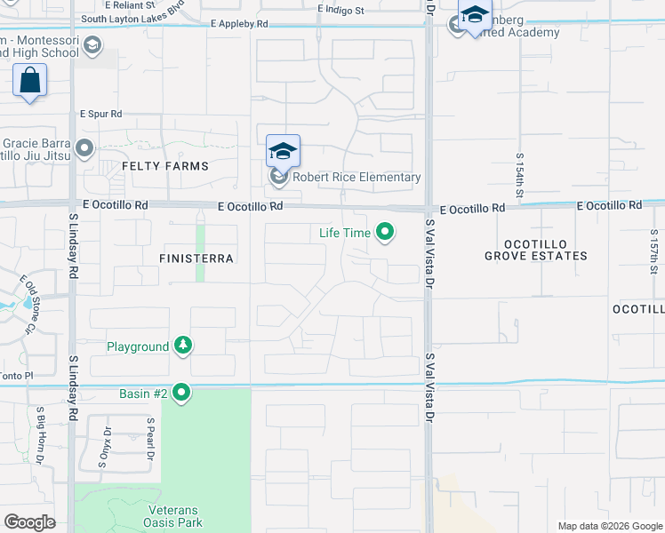 map of restaurants, bars, coffee shops, grocery stores, and more near 14811-15003 East Ocotillo Road in Gilbert