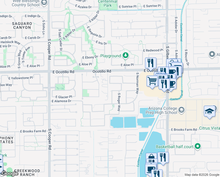 map of restaurants, bars, coffee shops, grocery stores, and more near 2514 East Grand Canyon Drive in Chandler