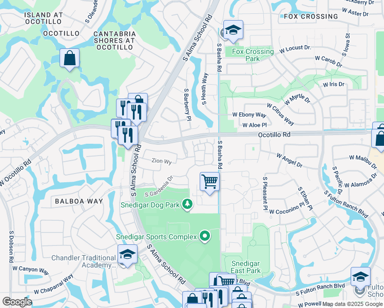 map of restaurants, bars, coffee shops, grocery stores, and more near 4077 South Sabrina Drive in Chandler