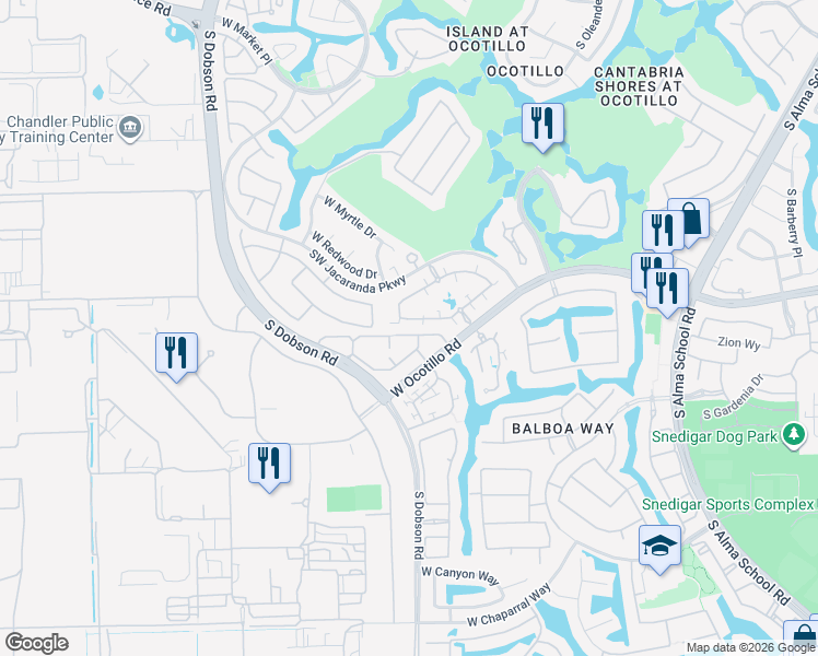 map of restaurants, bars, coffee shops, grocery stores, and more near 2031 West Periwinkle Way in Chandler