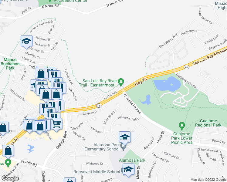 map of restaurants, bars, coffee shops, grocery stores, and more near 5086 Via Manos in Oceanside