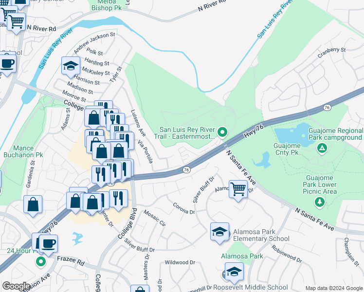 map of restaurants, bars, coffee shops, grocery stores, and more near 5040 Codorniz Way in Oceanside