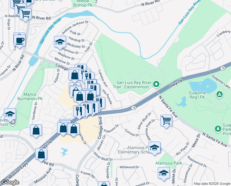map of restaurants, bars, coffee shops, grocery stores, and more near 346 Luiseno Avenue in Oceanside