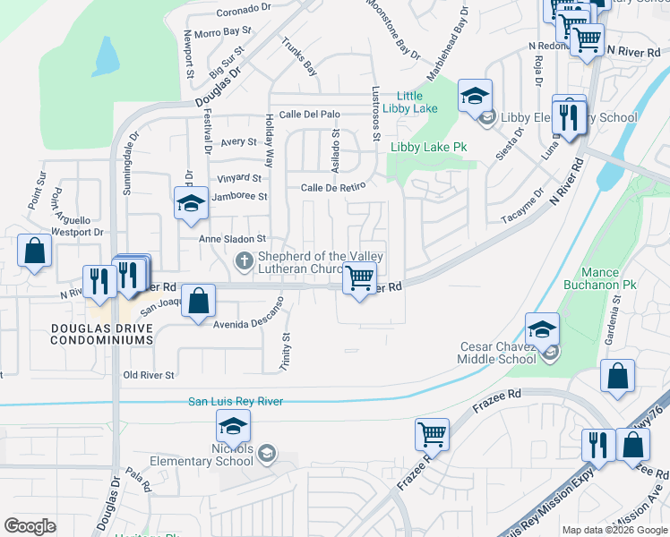 map of restaurants, bars, coffee shops, grocery stores, and more near 242 Riverview Way in Oceanside