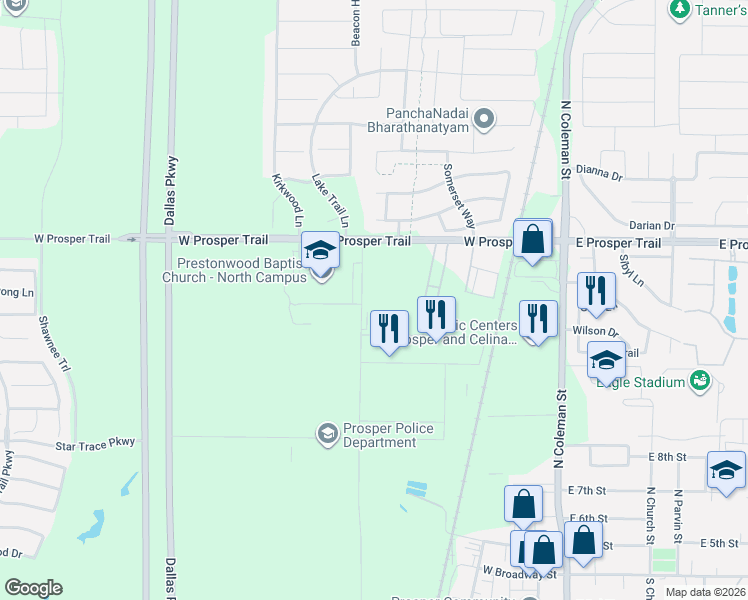 map of restaurants, bars, coffee shops, grocery stores, and more near Cook Lane in Prosper