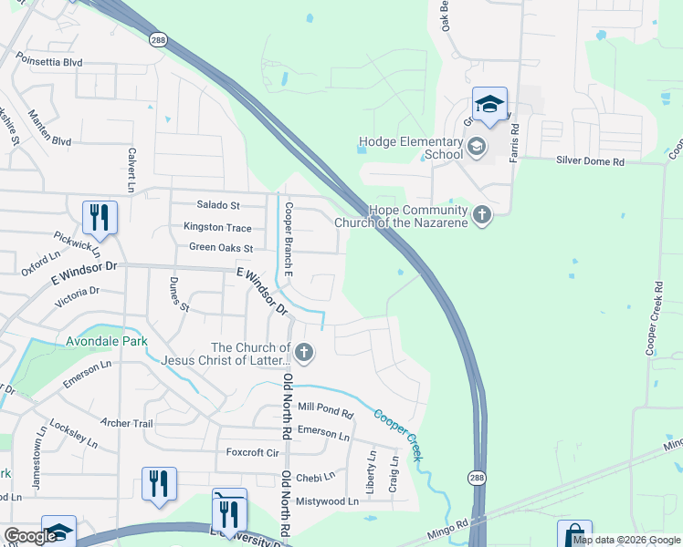 map of restaurants, bars, coffee shops, grocery stores, and more near 3420 Hillview Street in Denton