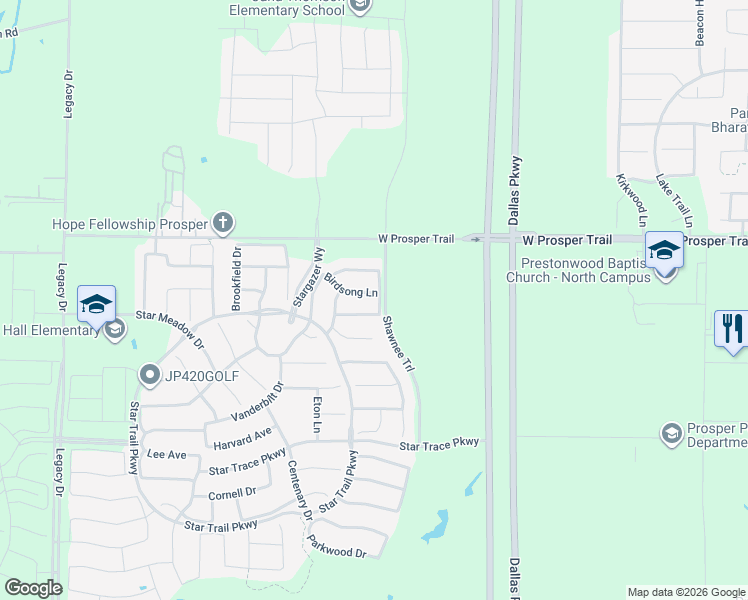 map of restaurants, bars, coffee shops, grocery stores, and more near 1641 Birdsong Lane in Prosper