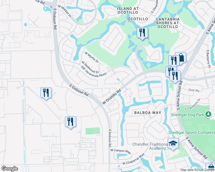 map of restaurants, bars, coffee shops, grocery stores, and more near 2031 West Periwinkle Way in Chandler