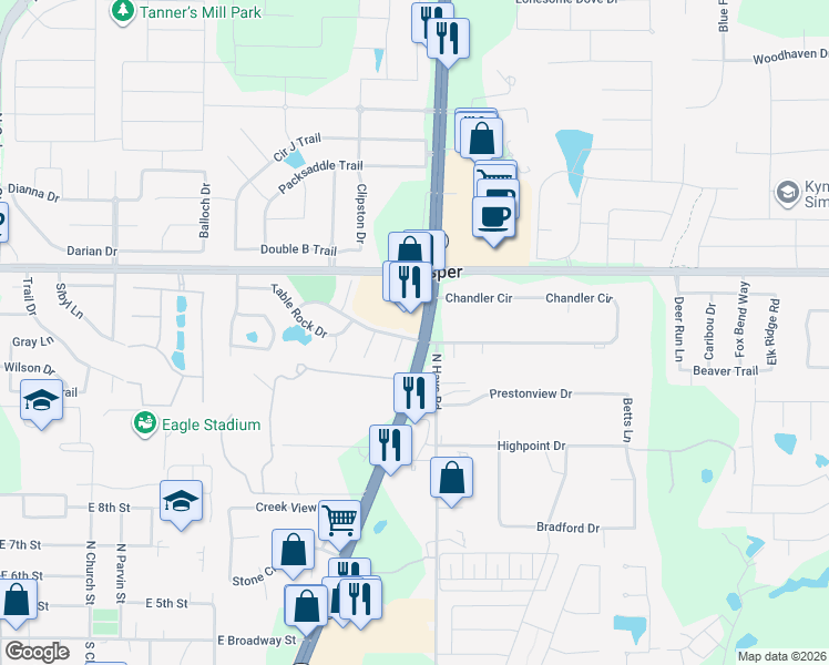 map of restaurants, bars, coffee shops, grocery stores, and more near 991 Bridgeport Drive in Prosper