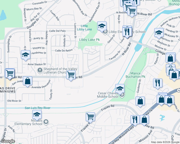 map of restaurants, bars, coffee shops, grocery stores, and more near 4731 Calle Estrella in Oceanside