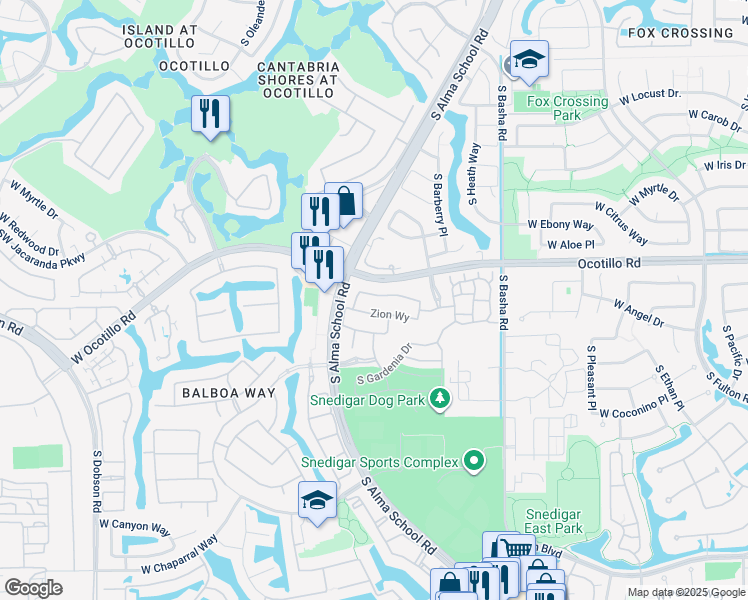 map of restaurants, bars, coffee shops, grocery stores, and more near 965 West Yellowstone Way in Chandler