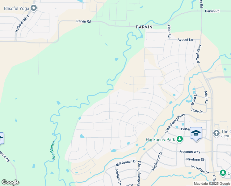 map of restaurants, bars, coffee shops, grocery stores, and more near 2537 Good Hope Road in Prosper