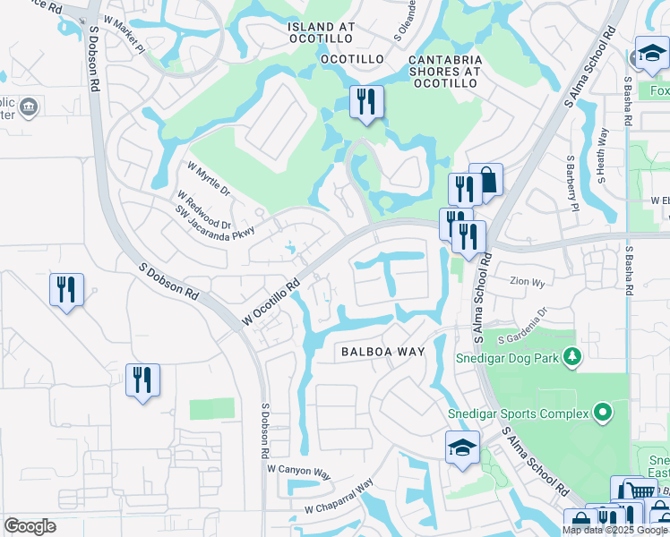 map of restaurants, bars, coffee shops, grocery stores, and more near 1777 West Ocotillo Road in Chandler