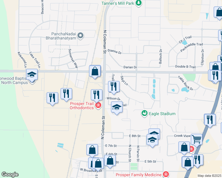 map of restaurants, bars, coffee shops, grocery stores, and more near 141 Gray Ln in Prosper
