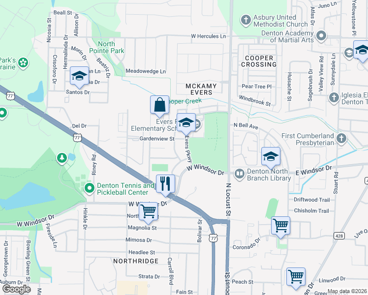 map of restaurants, bars, coffee shops, grocery stores, and more near 3221 Evers Parkway in Denton