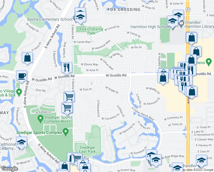 map of restaurants, bars, coffee shops, grocery stores, and more near 4054 South Camellia Drive in Chandler