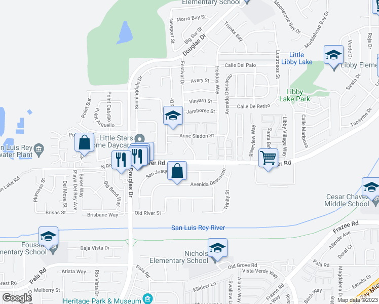 map of restaurants, bars, coffee shops, grocery stores, and more near 183 Festival Drive in Oceanside