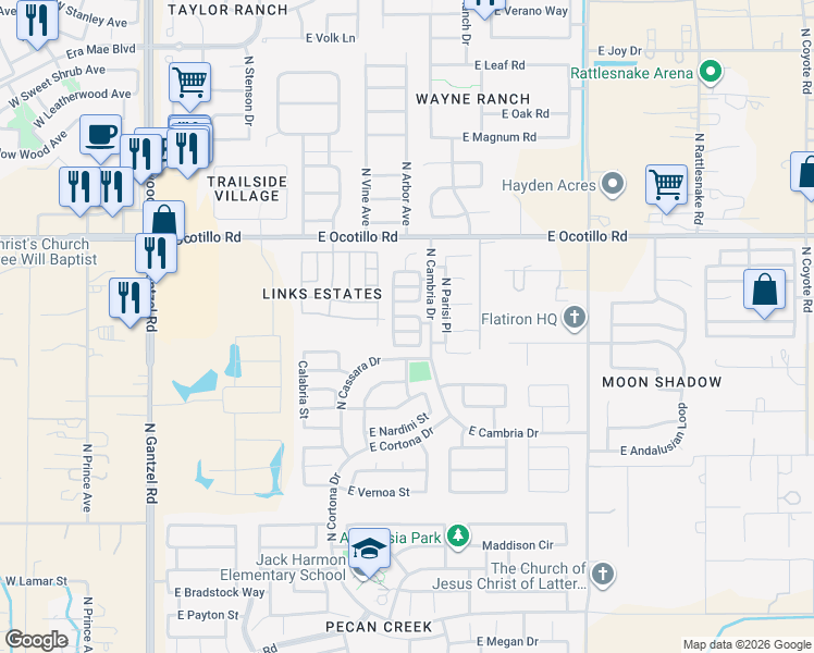 map of restaurants, bars, coffee shops, grocery stores, and more near 1110 East Ferrara Street in San Tan Valley