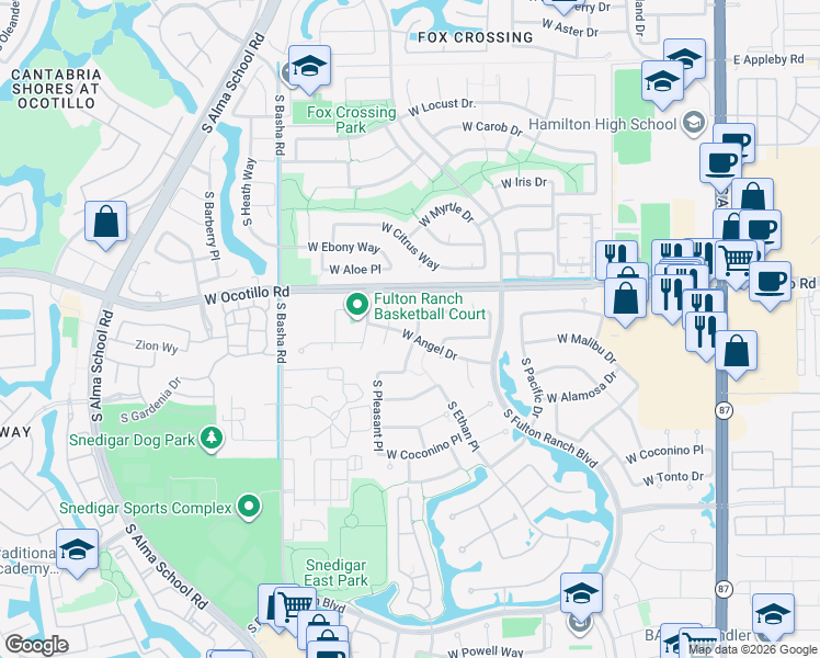 map of restaurants, bars, coffee shops, grocery stores, and more near 4054 South Camellia Drive in Chandler