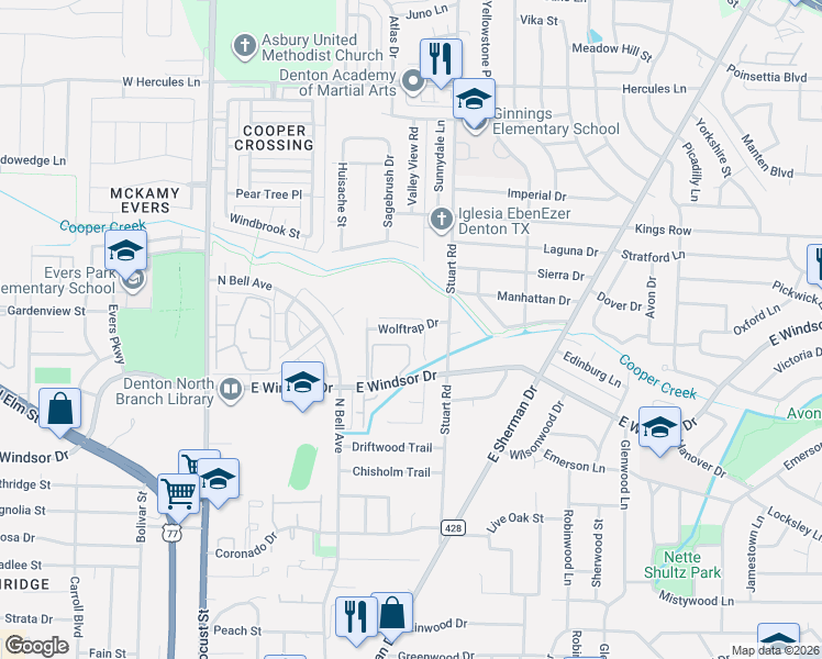 map of restaurants, bars, coffee shops, grocery stores, and more near 3013 Gray Wolf Circle in Denton