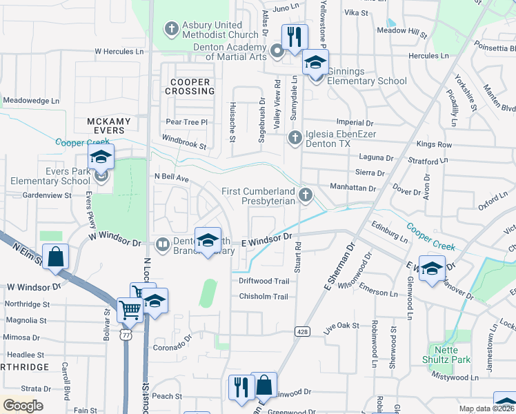 map of restaurants, bars, coffee shops, grocery stores, and more near 610 Wolftrap Drive in Denton