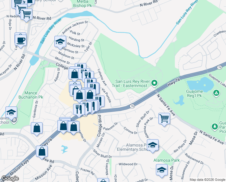 map of restaurants, bars, coffee shops, grocery stores, and more near 346 Luiseno Avenue in Oceanside
