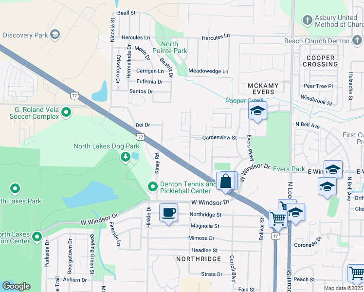 map of restaurants, bars, coffee shops, grocery stores, and more near 609 Meadow View Court in Denton