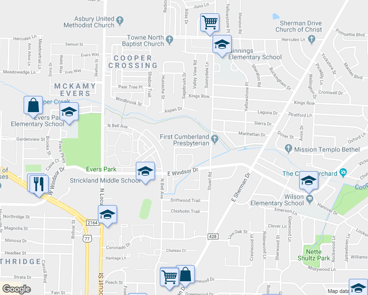 map of restaurants, bars, coffee shops, grocery stores, and more near 711 Wolftrap Drive in Denton