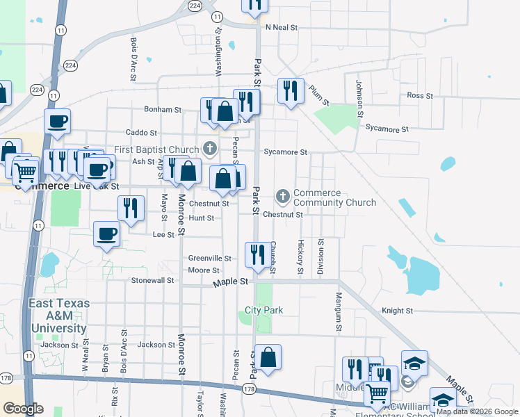 map of restaurants, bars, coffee shops, grocery stores, and more near 1608 Park Street in Commerce