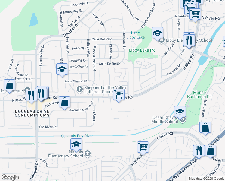 map of restaurants, bars, coffee shops, grocery stores, and more near 238 Riverview Way in Oceanside