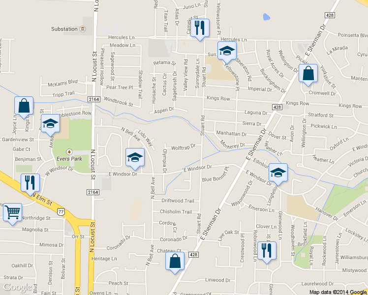 map of restaurants, bars, coffee shops, grocery stores, and more near 3013 Gray Wolf Circle in Denton