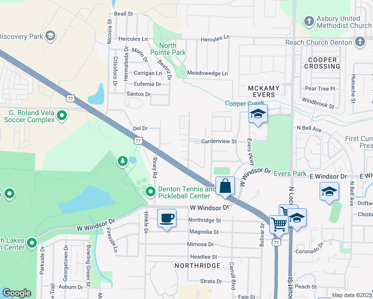 map of restaurants, bars, coffee shops, grocery stores, and more near 609 Meadow View Court in Denton