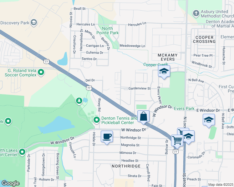 map of restaurants, bars, coffee shops, grocery stores, and more near 609 Meadow View Court in Denton