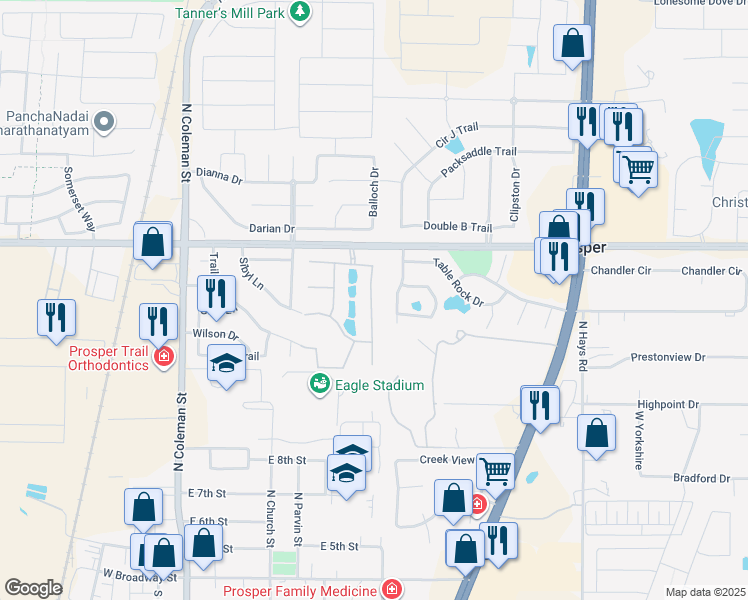 map of restaurants, bars, coffee shops, grocery stores, and more near 1001 Jessica Lane in Prosper