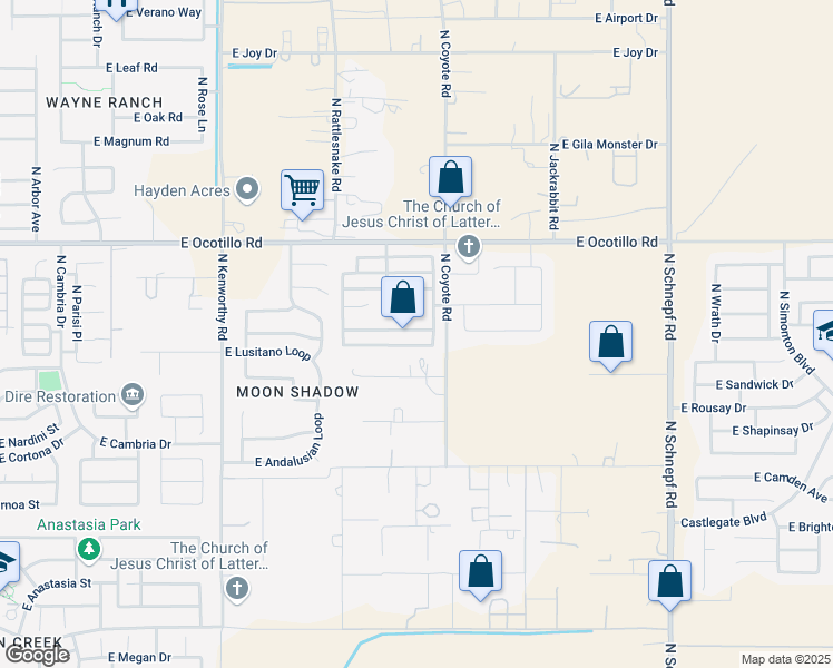 map of restaurants, bars, coffee shops, grocery stores, and more near 2527 East Meadow Creek Way in Queen Creek