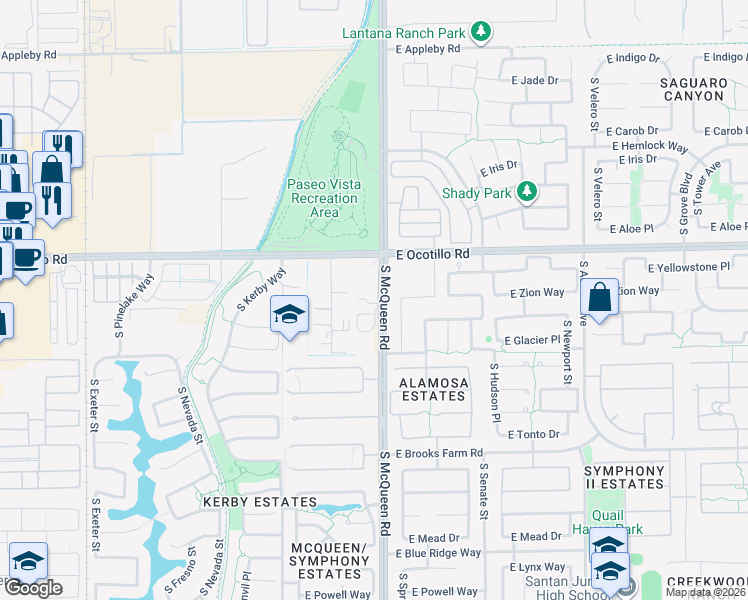map of restaurants, bars, coffee shops, grocery stores, and more near 22050 South McQueen Road in Chandler