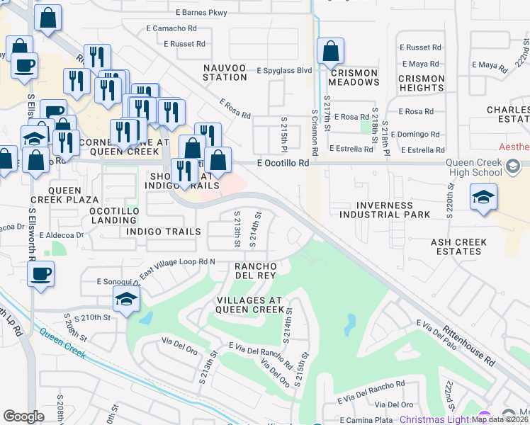 map of restaurants, bars, coffee shops, grocery stores, and more near 22256 South 214th Street in Queen Creek