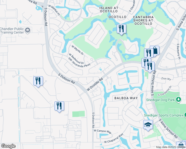 map of restaurants, bars, coffee shops, grocery stores, and more near 2031 West Periwinkle Way in Chandler