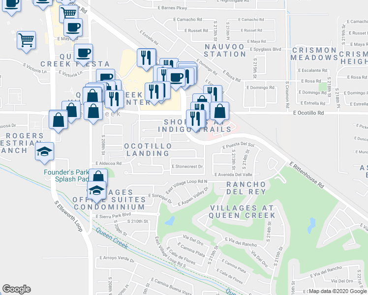 map of restaurants, bars, coffee shops, grocery stores, and more near 21144 East Munoz Street in Queen Creek