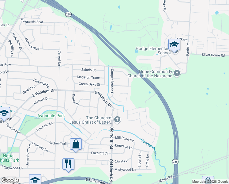 map of restaurants, bars, coffee shops, grocery stores, and more near 2505 Hillview Court in Denton