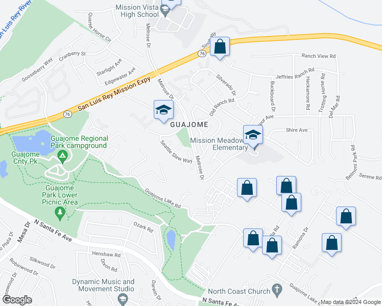 map of restaurants, bars, coffee shops, grocery stores, and more near 1683 Bronco Way in Oceanside