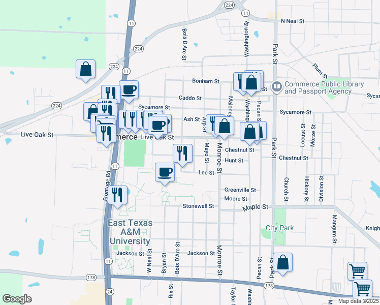 map of restaurants, bars, coffee shops, grocery stores, and more near 1702 Hunt Street in Commerce