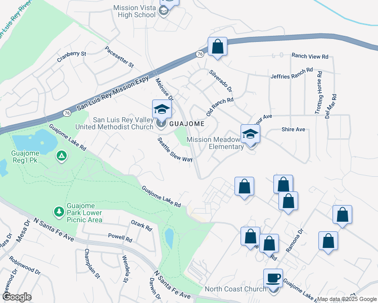 map of restaurants, bars, coffee shops, grocery stores, and more near 1683 Bronco Way in Oceanside