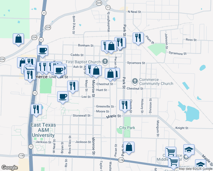 map of restaurants, bars, coffee shops, grocery stores, and more near 1307 Chestnut St in Commerce